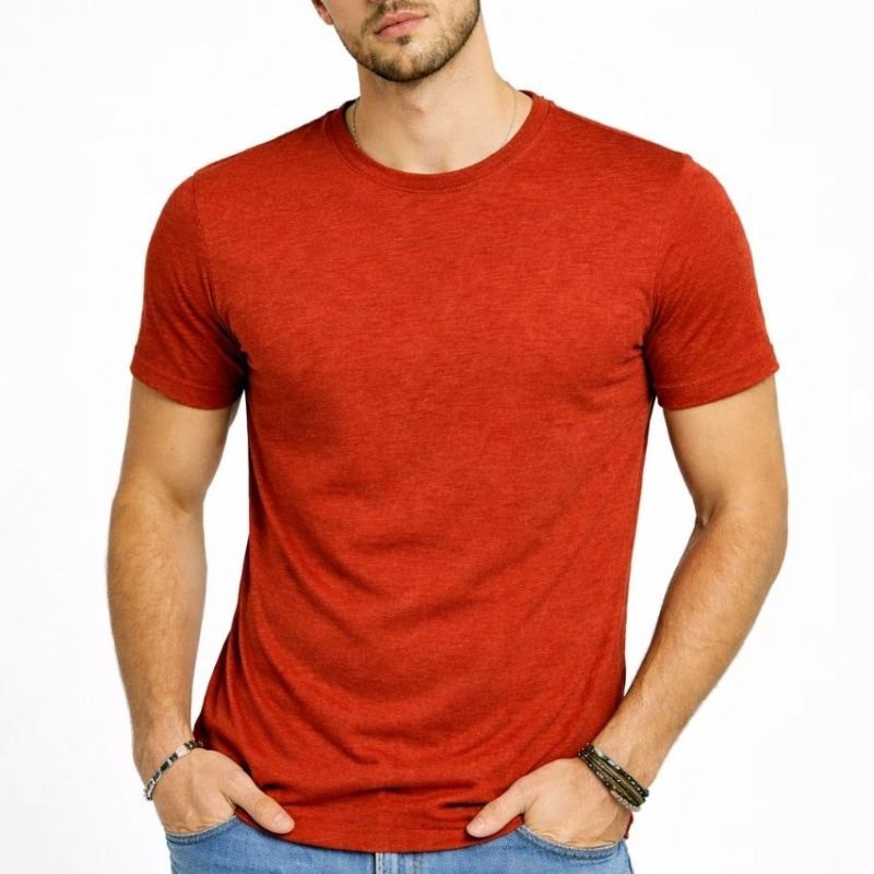 Erkek Flam Kumaş Melanj Dokulu Regular Fit Tişört Bisiklet Yaka Yazlık T-Shirt - Kiremit