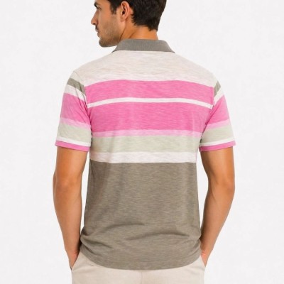 Erkek Flamlı Penye Çizgili Polo Yaka Tişört Kısa Kol Yazlık T-Shirt - Gri