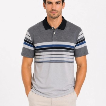 Erkek Flamlı Penye Çizgili Polo Yaka Tişört Kısa Kol Yazlık T-Shirt - Gri