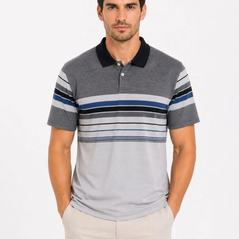 Erkek Flamlı Penye Çizgili Polo Yaka Tişört Kısa Kol Yazlık T-Shirt - Gri