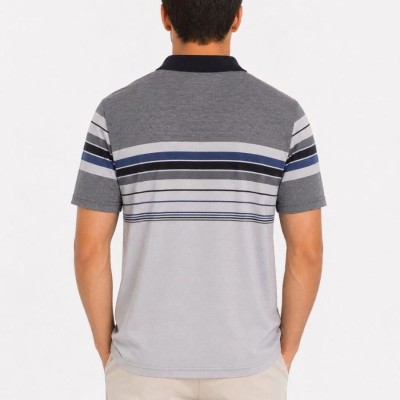 Erkek Flamlı Penye Çizgili Polo Yaka Tişört Kısa Kol Yazlık T-Shirt - Gri