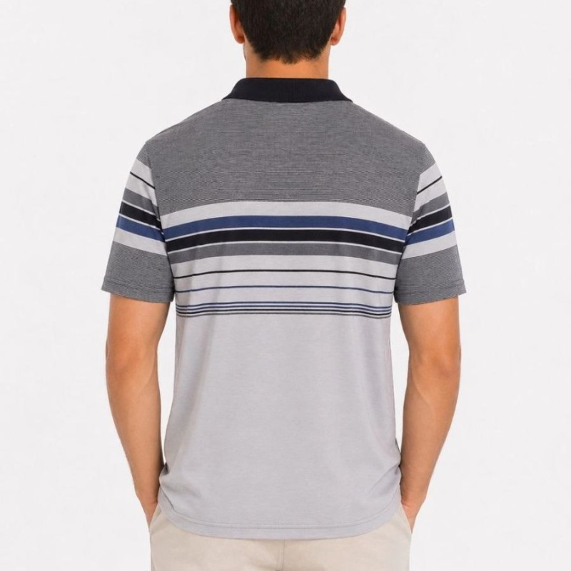 Erkek Flamlı Penye Çizgili Polo Yaka Tişört Kısa Kol Yazlık T-Shirt - Gri