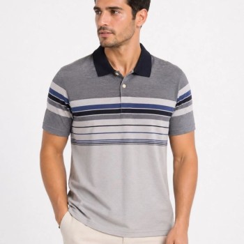 Erkek Flamlı Penye Çizgili Polo Yaka Tişört Kısa Kol Yazlık T-Shirt - Gri