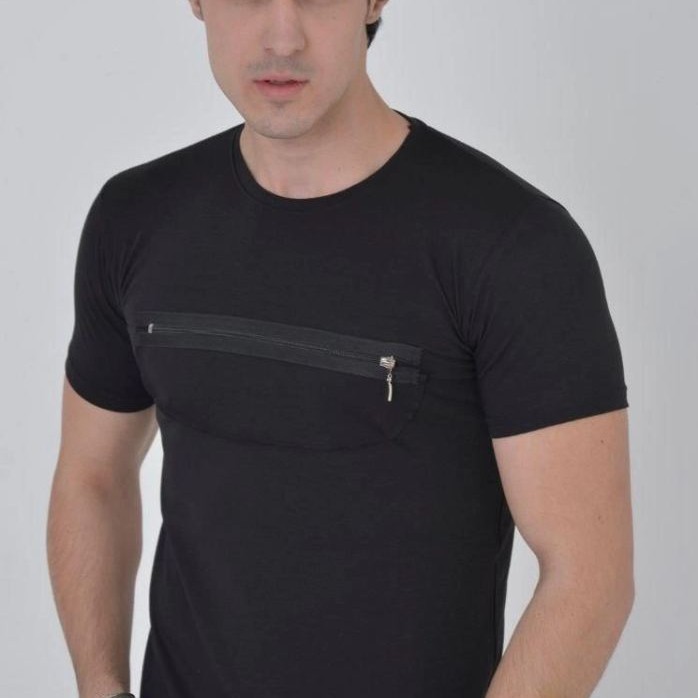 Erkek Gögüs Fermuarlı T-Shirt Kısa Kol Bisiklet Yaka Slimfit Tişört - Siyah
