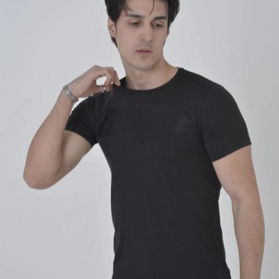 Erkek Gögüs Fileli T-Shirt Kısa Kol Bisiklet Yaka Slimfit Tişört  - Siyah