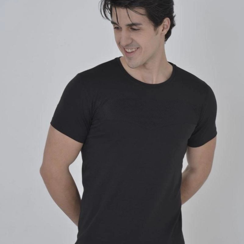 Erkek Gögüs Fileli T-Shirt Kısa Kol Bisiklet Yaka Slimfit Tişört  - Siyah