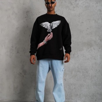 Erkek Güvercin Baskılı 3 iplik Bisiklet Yaka ipamuklu Sweatshirt - Siyah