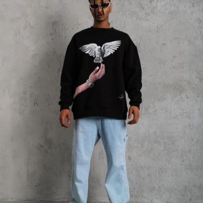 Erkek Güvercin Baskılı 3 iplik Bisiklet Yaka ipamuklu Sweatshirt - Siyah