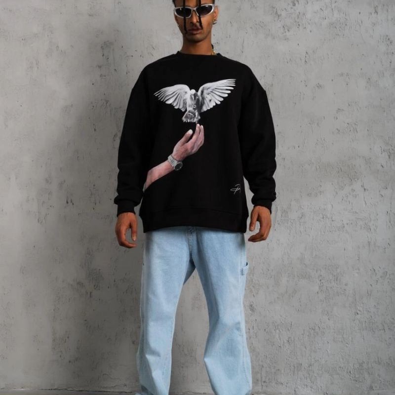 Erkek Güvercin Baskılı 3 iplik Bisiklet Yaka ipamuklu Sweatshirt - Siyah