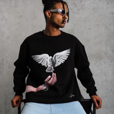 Erkek Güvercin Baskılı 3 iplik Bisiklet Yaka ipamuklu Sweatshirt - Siyah