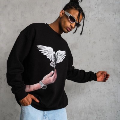 Erkek Güvercin Baskılı 3 iplik Bisiklet Yaka ipamuklu Sweatshirt - Siyah