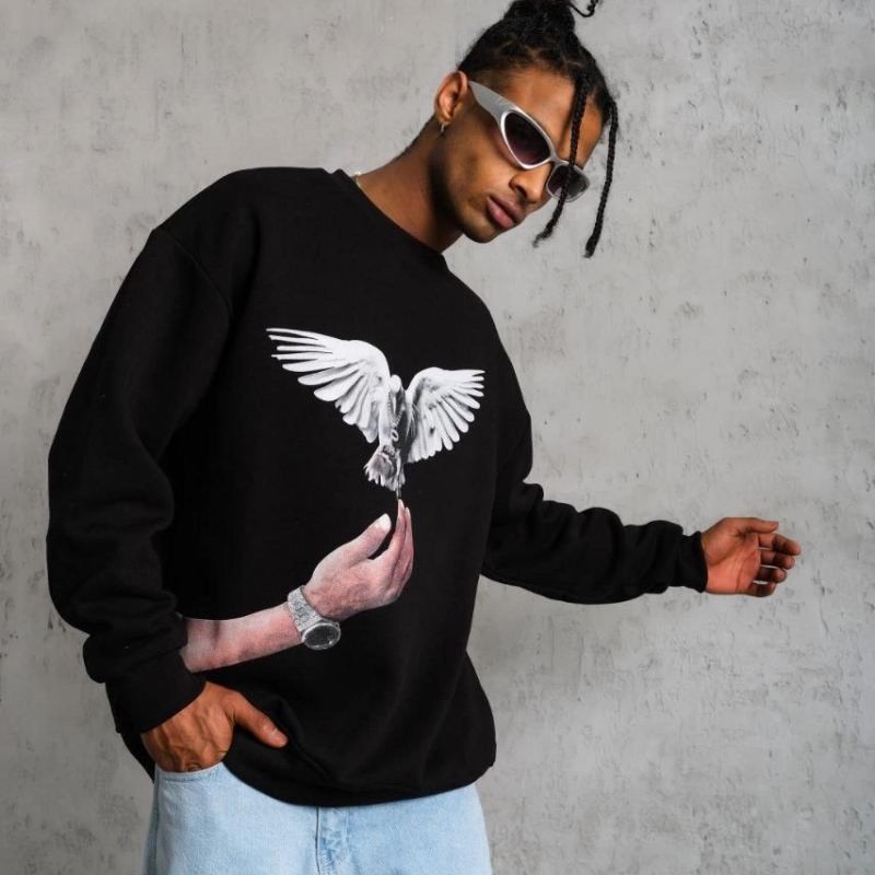 Erkek Güvercin Baskılı 3 iplik Bisiklet Yaka ipamuklu Sweatshirt - Siyah