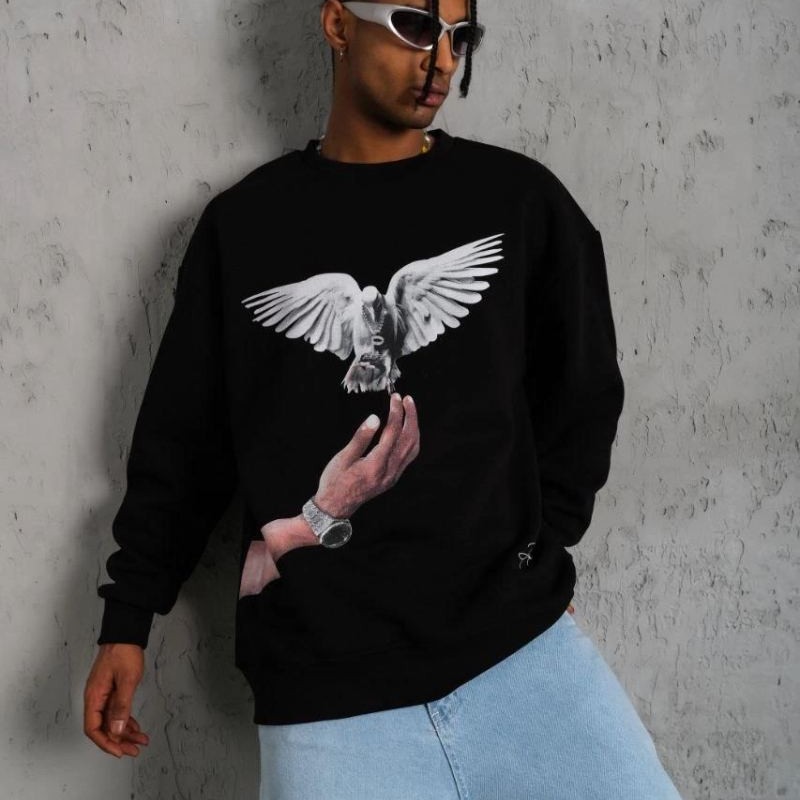 Erkek Güvercin Baskılı 3 iplik Bisiklet Yaka ipamuklu Sweatshirt - Siyah