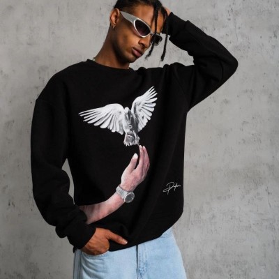 Erkek Güvercin Baskılı 3 iplik Bisiklet Yaka ipamuklu Sweatshirt - Siyah