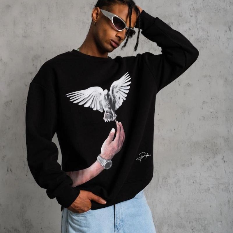 Erkek Güvercin Baskılı 3 iplik Bisiklet Yaka ipamuklu Sweatshirt - Siyah