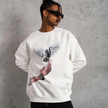 Erkek Güvercin Baskılı 3 iplik pamuklu Bisiklet Yaka Sweatshirt - Beyaz