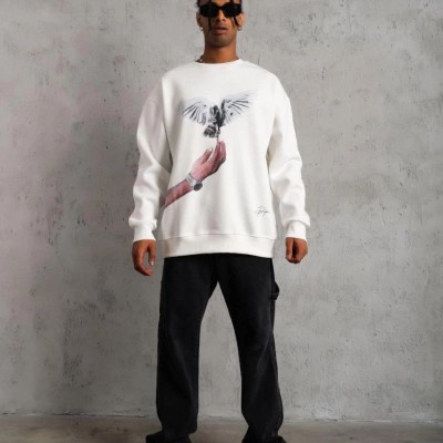 Erkek Güvercin Baskılı 3 iplik pamuklu Bisiklet Yaka Sweatshirt - Beyaz