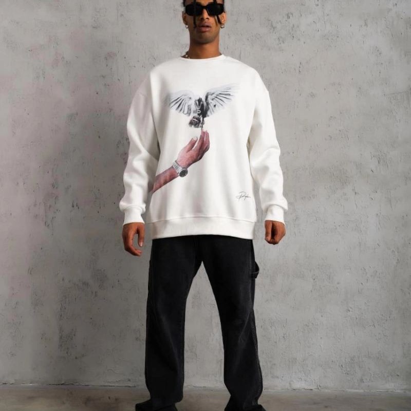 Erkek Güvercin Baskılı 3 iplik pamuklu Bisiklet Yaka Sweatshirt - Beyaz