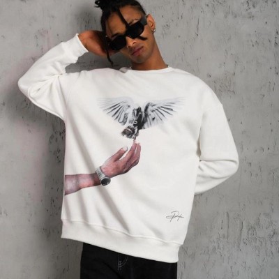 Erkek Güvercin Baskılı 3 iplik pamuklu Bisiklet Yaka Sweatshirt - Beyaz