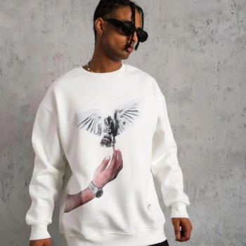 Erkek Güvercin Baskılı 3 iplik pamuklu Bisiklet Yaka Sweatshirt - Beyaz