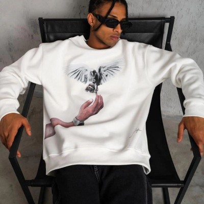 Erkek Güvercin Baskılı 3 iplik pamuklu Bisiklet Yaka Sweatshirt - Beyaz