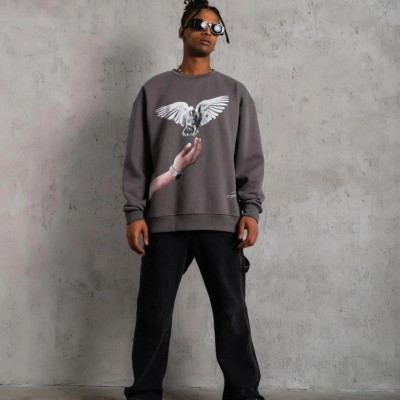 Erkek Güvercin Baskılı 3 iplik pamuklu Bisiklet Yaka Sweatshirt - Gri