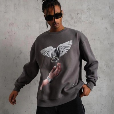 Erkek Güvercin Baskılı 3 iplik pamuklu Bisiklet Yaka Sweatshirt - Gri