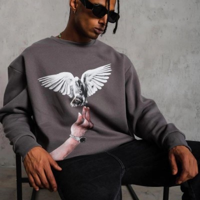 Erkek Güvercin Baskılı 3 iplik pamuklu Bisiklet Yaka Sweatshirt - Gri