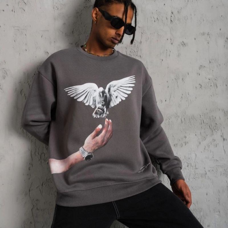 Erkek Güvercin Baskılı 3 iplik pamuklu Bisiklet Yaka Sweatshirt - Gri