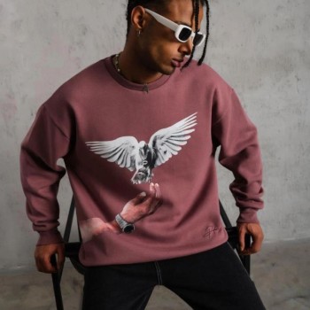 Erkek Güvercin Baskılı Bisiklet Yaka Sweatshirt 3 iplik pamuklu - Gül Kurusu