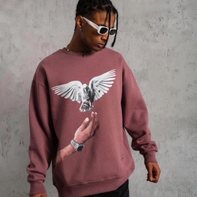 Erkek Güvercin Baskılı Bisiklet Yaka Sweatshirt 3 iplik pamuklu - Gül Kurusu
