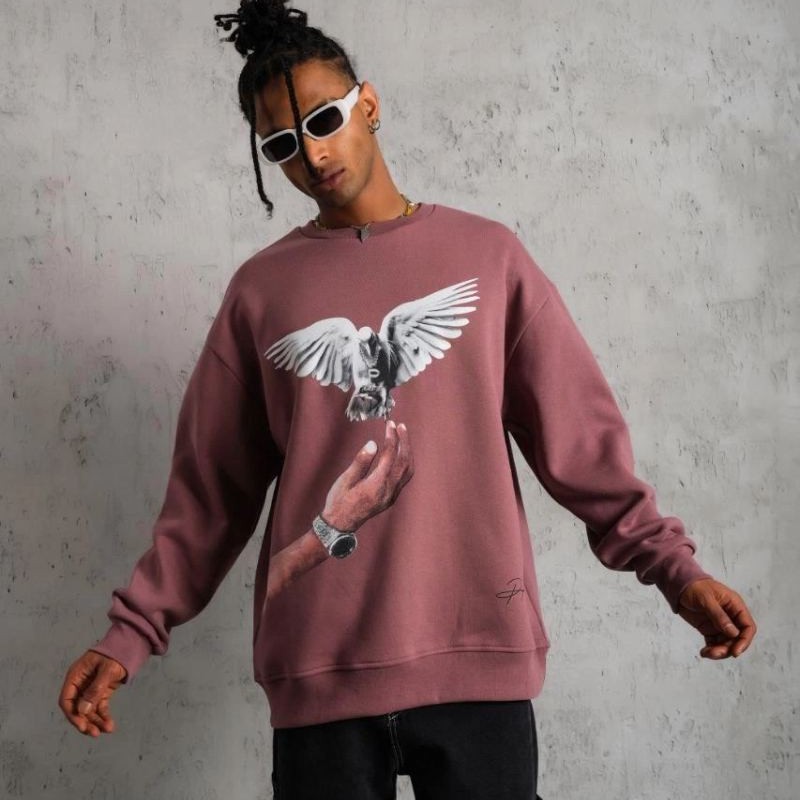 Erkek Güvercin Baskılı Bisiklet Yaka Sweatshirt 3 iplik pamuklu - Gül Kurusu