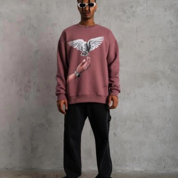 Erkek Güvercin Baskılı Bisiklet Yaka Sweatshirt 3 iplik pamuklu - Gül Kurusu