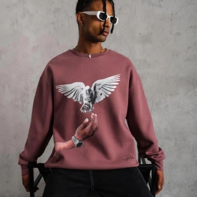 Erkek Güvercin Baskılı Bisiklet Yaka Sweatshirt 3 iplik pamuklu - Gül Kurusu