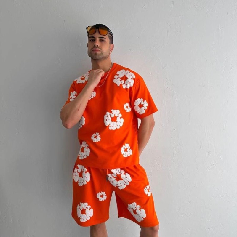 Erkek İki İplik Kumaş Oversize Baskılı T-shirt Şortlu ikili Alt-Üst Takım- Turuncu