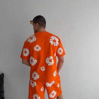 Erkek İki İplik Kumaş Oversize Baskılı T-shirt Şortlu ikili Alt-Üst Takım- Turuncu