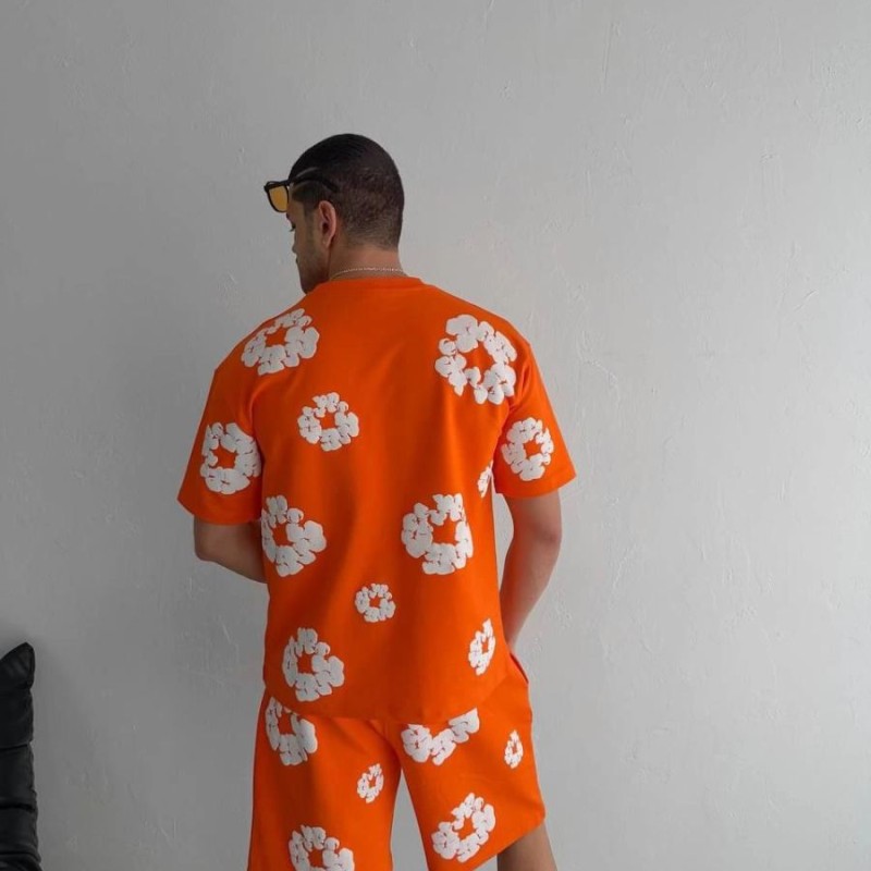 Erkek İki İplik Kumaş Oversize Baskılı T-shirt Şortlu ikili Alt-Üst Takım- Turuncu