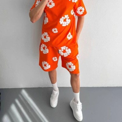 Erkek İki İplik Kumaş Oversize Baskılı T-shirt Şortlu ikili Alt-Üst Takım- Turuncu