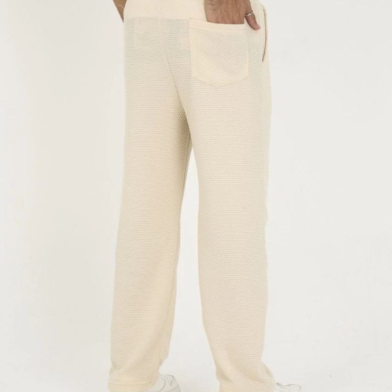 Erkek Jakar Kutu Desenli Baggy Eşofman Pantolon - Bej