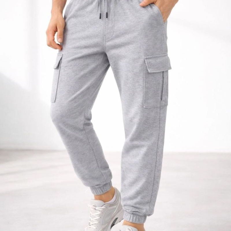 Erkek Jogger Eşofman Altı Kargo Cepli Lastikli Paça Spor Pantolon - Gri