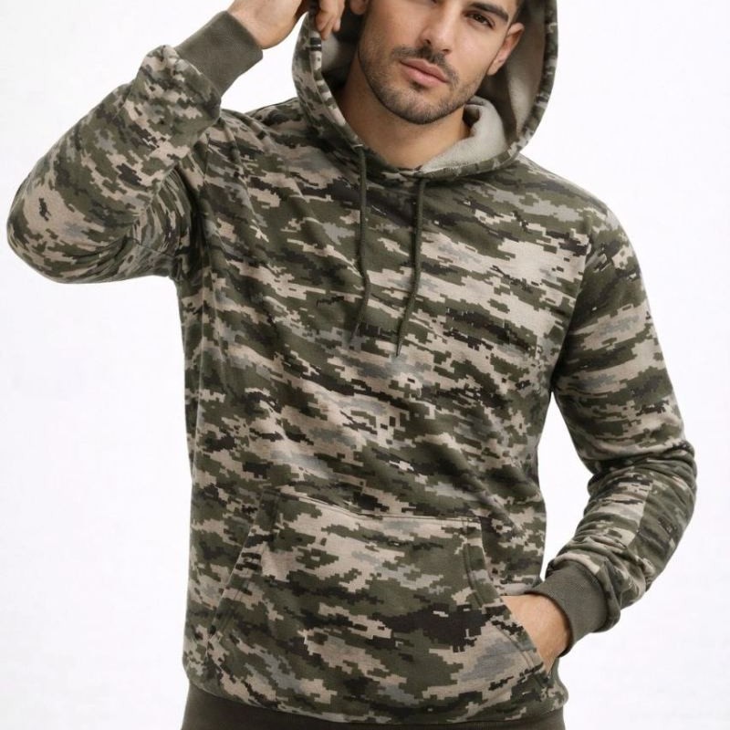 Erkek Kamuflaj Desenli 2 İplik 4 Mevsim Kapüşonlu Kanguru Cepli Hoodie Sweatshirt - Kamuflaj