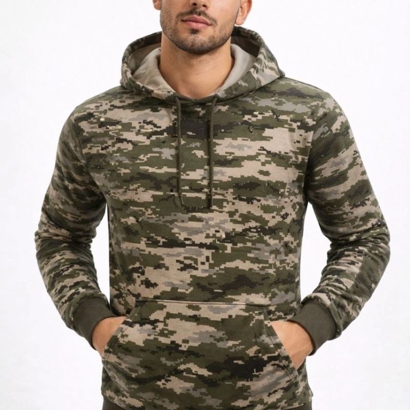 Erkek Kamuflaj Desenli 2 İplik 4 Mevsim Kapüşonlu Kanguru Cepli Hoodie Sweatshirt - Kamuflaj