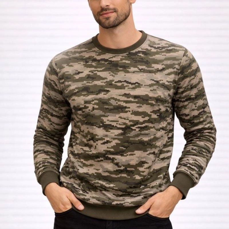 Erkek Kamuflaj Desenli 2 İplik 4 Mevsim Uzun Kollu Bisiklet Yaka Sweatshirt - Kamuflaj
