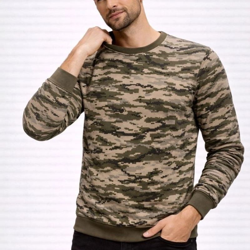 Erkek Kamuflaj Desenli 2 İplik 4 Mevsim Uzun Kollu Bisiklet Yaka Sweatshirt - Kamuflaj