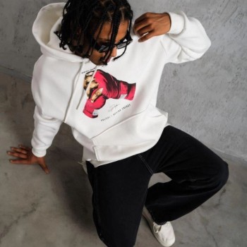 Erkek Kapüşonlu Cepli Boks Eldiven Baskılı 3 İplik Sweatshirt Hoodie - Beyaz