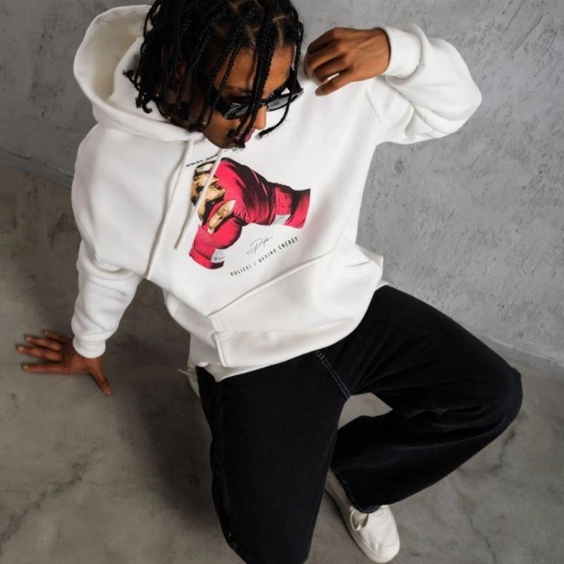 Erkek Kapüşonlu Cepli Boks Eldiven Baskılı 3 İplik Sweatshirt Hoodie - Beyaz