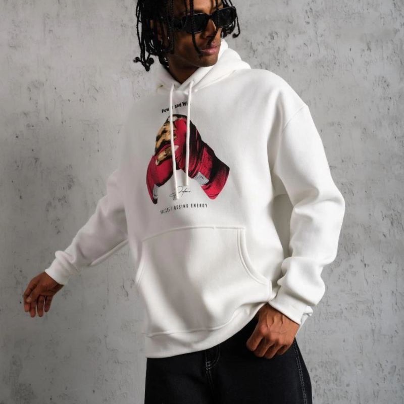 Erkek Kapüşonlu Cepli Boks Eldiven Baskılı 3 İplik Sweatshirt Hoodie - Beyaz