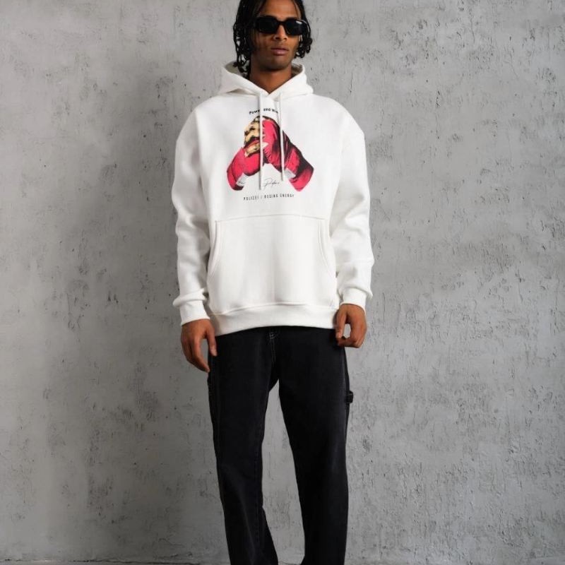 Erkek Kapüşonlu Cepli Boks Eldiven Baskılı 3 İplik Sweatshirt Hoodie - Beyaz