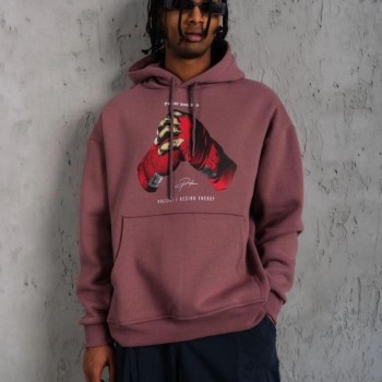 Erkek Kapüşonlu Cepli Box Eldiven Baskılı 3 İplik Sweatshirt Hoodie - Gül Kurusu