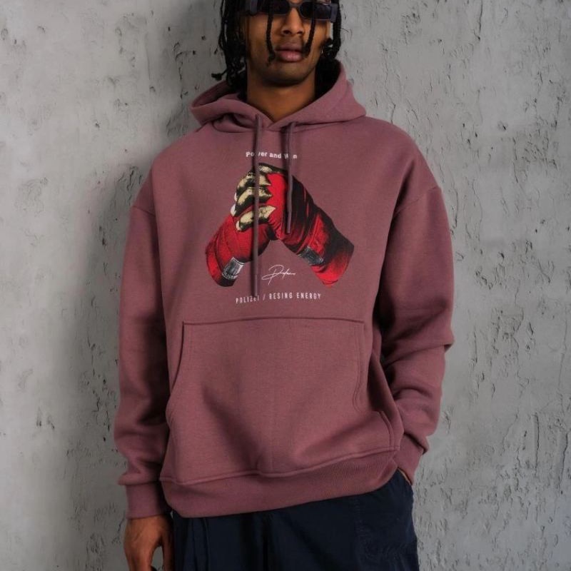 Erkek Kapüşonlu Cepli Box Eldiven Baskılı 3 İplik Sweatshirt Hoodie - Gül Kurusu
